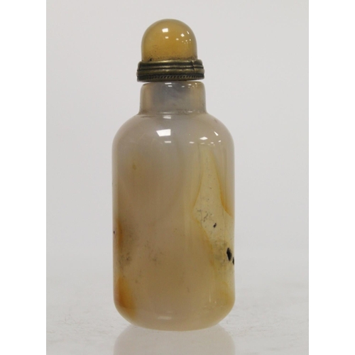 242 - Chinese mottled brown and grey agate snuff bottle of cylindrical form with domed stopper. 8cm high.