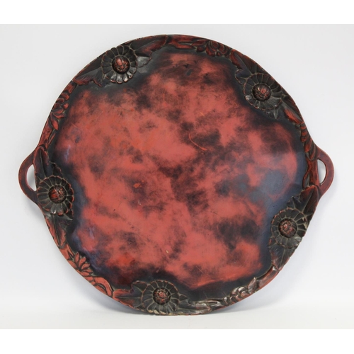 249 - Late 19th/early 20th century Japanese mottled red and black lacquer tray of large twin handled circu... 