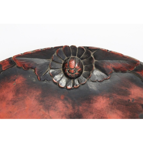 249 - Late 19th/early 20th century Japanese mottled red and black lacquer tray of large twin handled circu... 