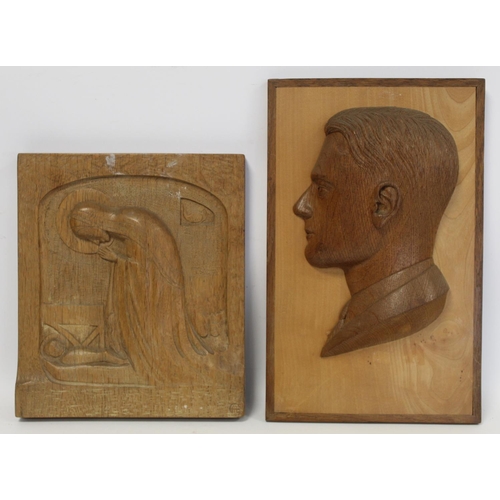 250 - Early to mid 20th century carved oak profile bust portrait in high relief mounted on rectangular map... 