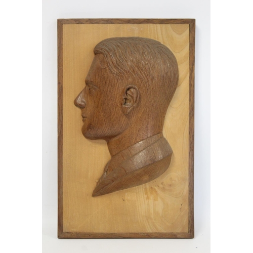 250 - Early to mid 20th century carved oak profile bust portrait in high relief mounted on rectangular map... 