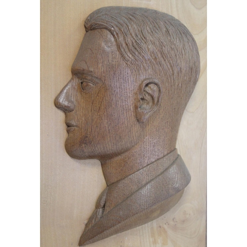 250 - Early to mid 20th century carved oak profile bust portrait in high relief mounted on rectangular map... 