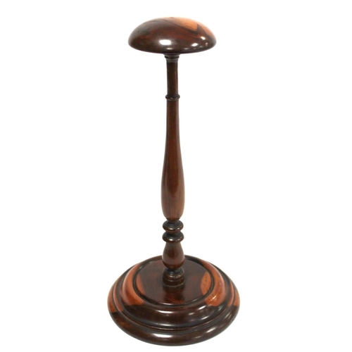 251 - 19th century treen wig stand, possibly yew or fruitwood, the domed circular top on tapered knopped b... 