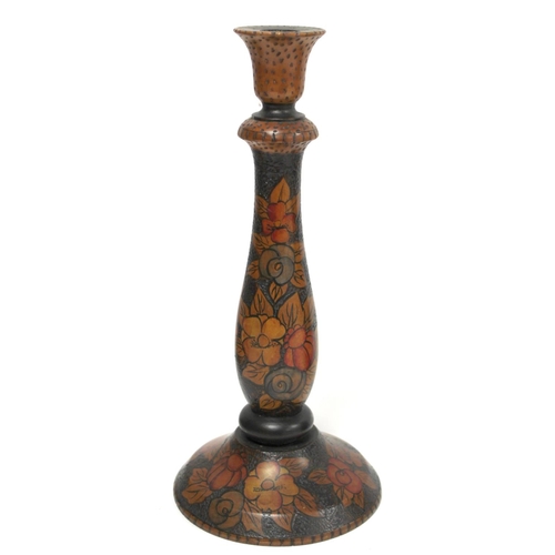 255 - Treen pokerwork candlestick with baluster column, domed circular foot and floral decoration, 25cm hi... 