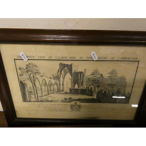 144 - Set of six oak framed engravings of castles and abbeys of Cumberland, by Samuel and Nathaniel Buck.