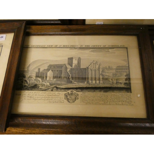 144 - Set of six oak framed engravings of castles and abbeys of Cumberland, by Samuel and Nathaniel Buck.