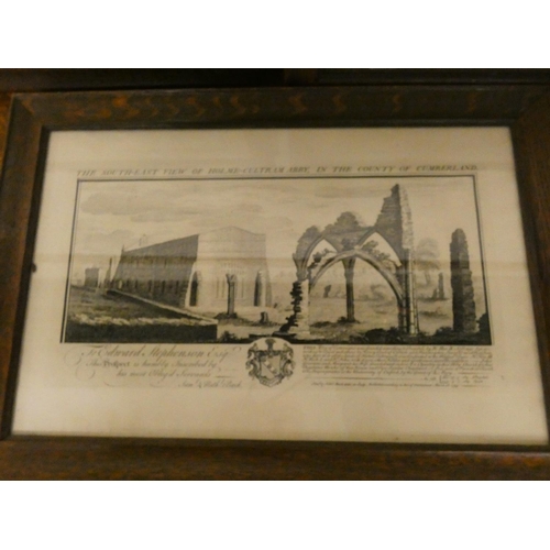 144 - Set of six oak framed engravings of castles and abbeys of Cumberland, by Samuel and Nathaniel Buck.