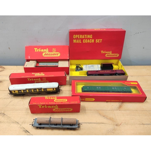 80 - Six vintage boxed Tri-ang railway models including operating Mail coach set, R402 and R55/57/58 dies... 