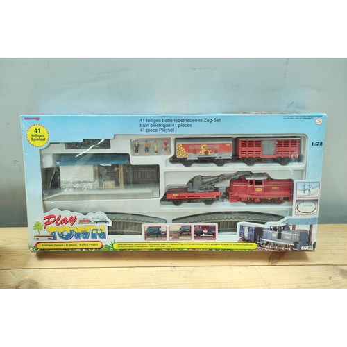 89 - Box of OO gauge model railway carriages and rolling stock including Play Town 41 piece set, two Repl... 