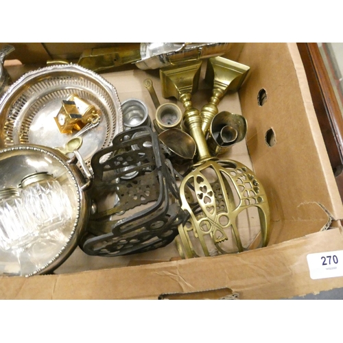 270 - Large box of metalware including quaichs.