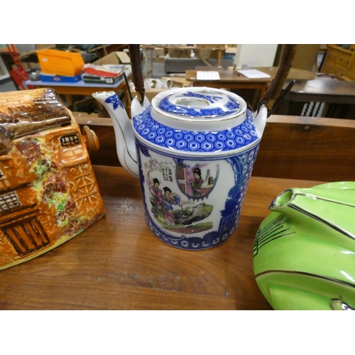 410 - Chinese teapot, Cottage Teapot and Vintage Sadler Car tea-pot also a Poole pottery 1960's plate.