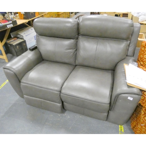 443 - Two seater grey leather electric recliner.