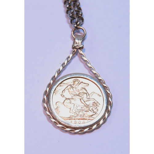 102 - Gold sovereign, 1904, in 9ct gold detachable mount, 10g, on metal necklet.