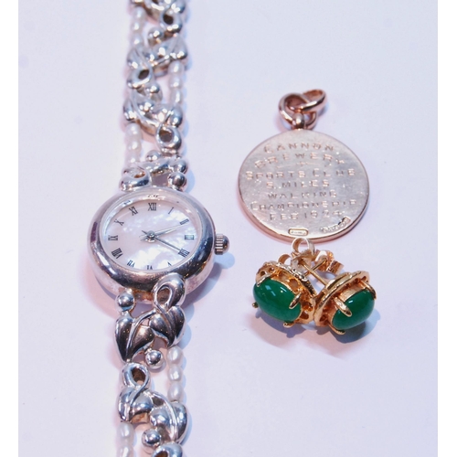 116 - 9ct gold medal, 6.8g, a pair of earrings and a fashion watch.