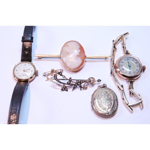 122 - Two ladies' gold watches, a cameo pin, locket and a pearl openwork brooch.  (5)