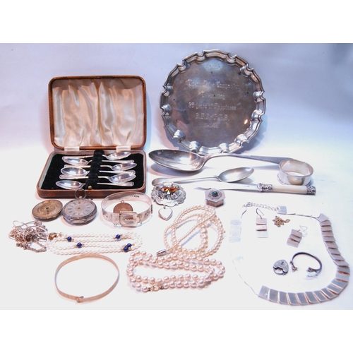 123 - Silver card tray and various silver and other items.