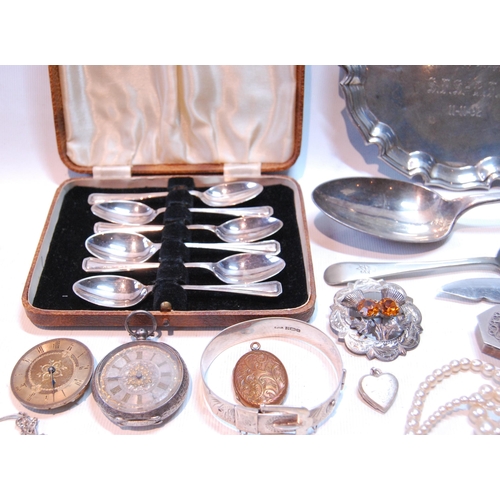 123 - Silver card tray and various silver and other items.