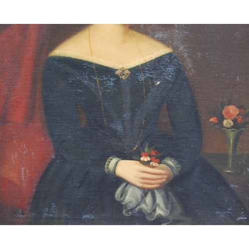 323 - 19th Century British SchoolPortrait of a lady in 17th century dress holding a bouquet of flowers, th... 