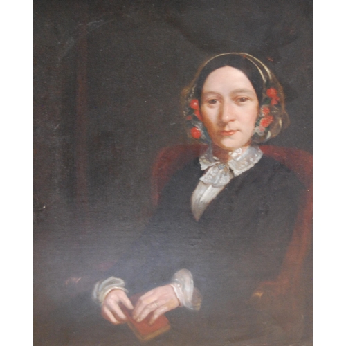 326 - 19th/20th Century British SchoolPortrait of a seated lady wearing a floral hair net, white blouse, d... 