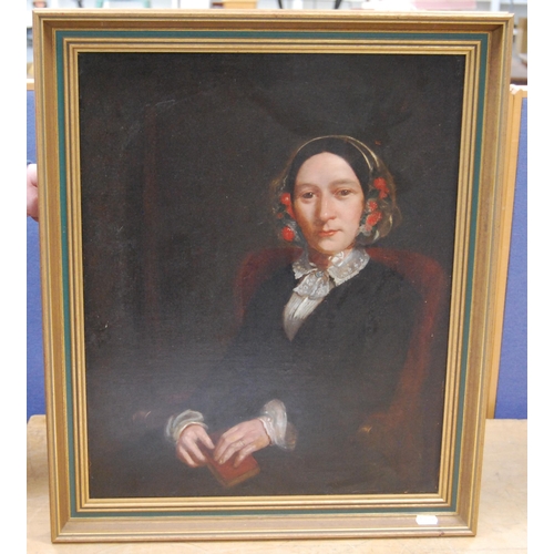 326 - 19th/20th Century British SchoolPortrait of a seated lady wearing a floral hair net, white blouse, d... 