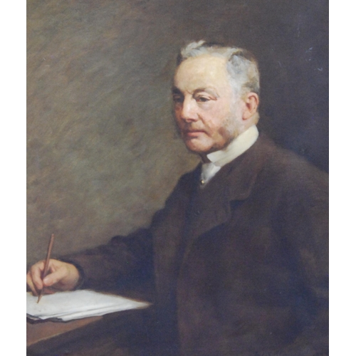 336 - 19th/20th Century British SchoolPortrait of a gentleman seated at a writing desk, half lengthOil on ... 