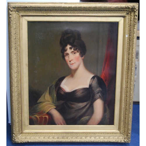 339 - 19th Century British SchoolPortrait of lady wearing a dark-coloured dress, half lengthOil on canvas,... 