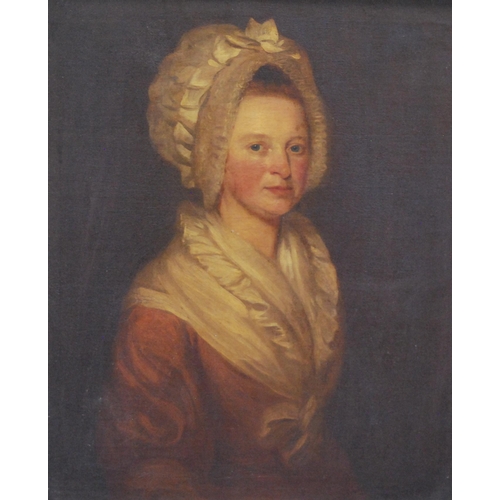 340 - 18th/19th Century British SchoolPortrait of a lady wearing a bonnet and scarf, half lengthOil on can... 