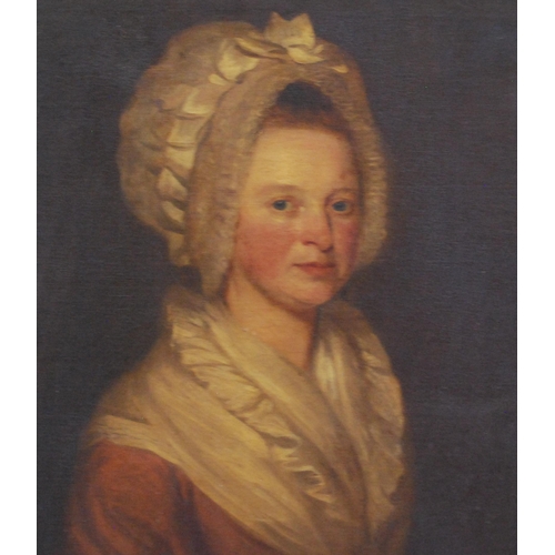 340 - 18th/19th Century British SchoolPortrait of a lady wearing a bonnet and scarf, half lengthOil on can... 