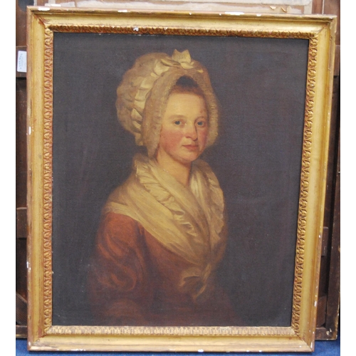 340 - 18th/19th Century British SchoolPortrait of a lady wearing a bonnet and scarf, half lengthOil on can... 