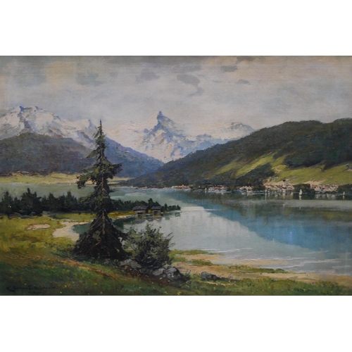 341 - Karl Gross-Sattelmair (German, 1870 - 1930)Continental pastoral scene with lake and mountains to the... 