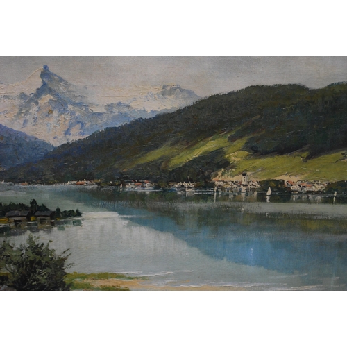 341 - Karl Gross-Sattelmair (German, 1870 - 1930)Continental pastoral scene with lake and mountains to the... 