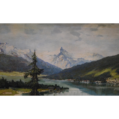 341 - Karl Gross-Sattelmair (German, 1870 - 1930)Continental pastoral scene with lake and mountains to the... 