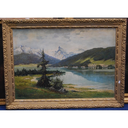 341 - Karl Gross-Sattelmair (German, 1870 - 1930)Continental pastoral scene with lake and mountains to the... 