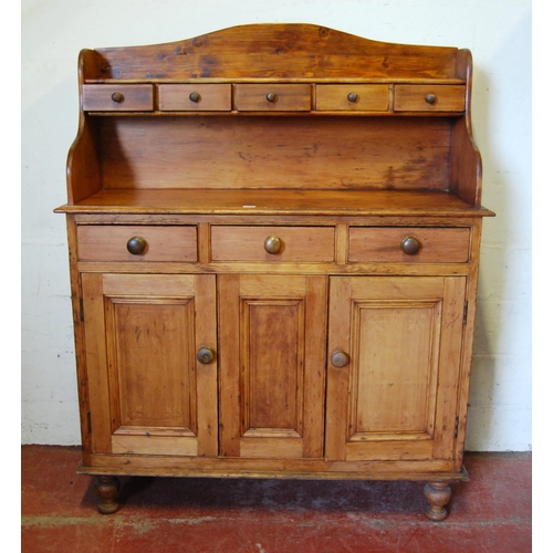 408 - Victorian Scotch pine dresser with five short drawers to the gallery back above three large drawers ... 