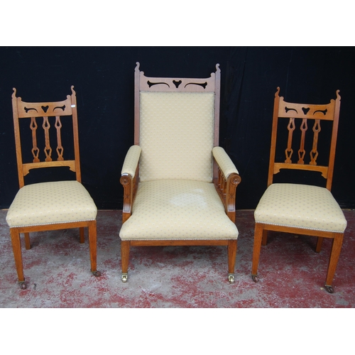 410 - Art Nouveau oak four-piece parlour suite comprising a chaise longue, armchair and two side chairs, u... 