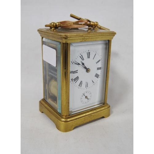 165 - Brass repeater carriage clock with subsidiary seconds dial, with key, 12cm high.