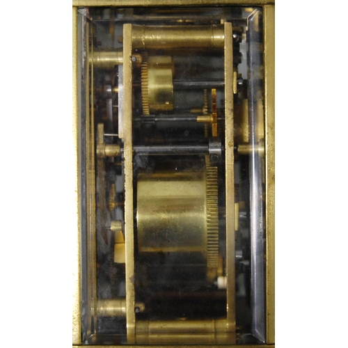 165 - Brass repeater carriage clock with subsidiary seconds dial, with key, 12cm high.