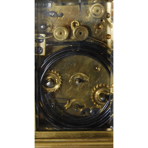 165 - Brass repeater carriage clock with subsidiary seconds dial, with key, 12cm high.