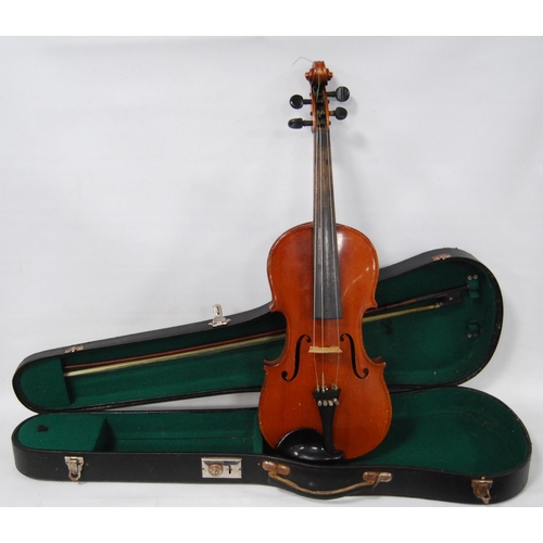 205 - Antique violin, ebonised finger board, no label to the interior, with bow marked D Schwarz (Schwarz ... 