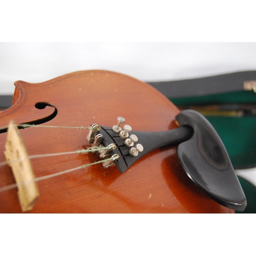 205 - Antique violin, ebonised finger board, no label to the interior, with bow marked D Schwarz (Schwarz ... 