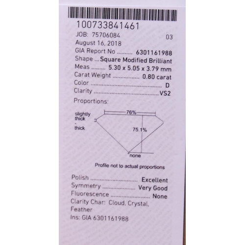 83 - Diamond solitaire ring, square modified-cut brilliant, in platinum, GLA report given as 0.80ct, colo... 
