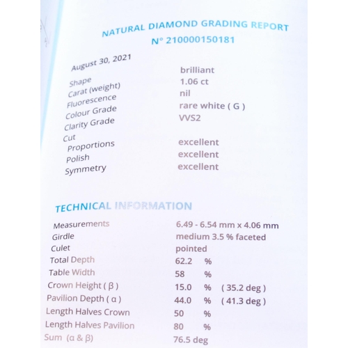 85 - Diamond brilliant, unmounted, with HRD Antwerp report given as 1.06ct, colour G, clarity VVS2.