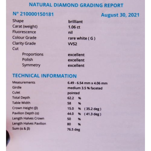 85 - Diamond brilliant, unmounted, with HRD Antwerp report given as 1.06ct, colour G, clarity VVS2.