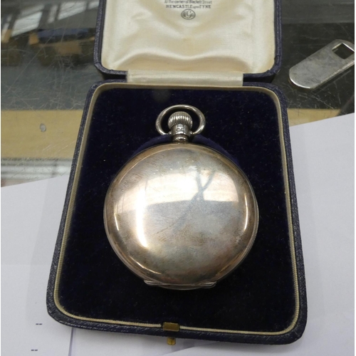 239 - Silver cased full hunter pocket watch by The Northern Goldsmiths Company, in original box, gross 116... 