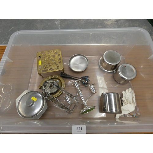 388 - Various items of epns and stainless tea ware, brass trivet, miniature candlestick, etc.