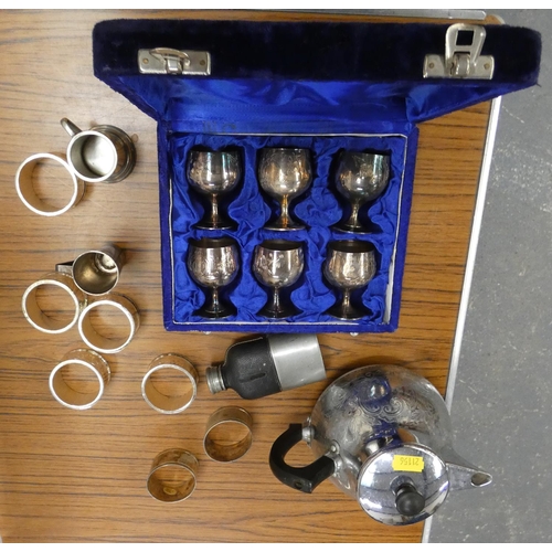 388 - Various items of epns and stainless tea ware, brass trivet, miniature candlestick, etc.