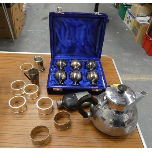 388 - Various items of epns and stainless tea ware, brass trivet, miniature candlestick, etc.