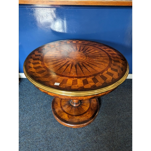 474 - A modern centre table with circular parquetry top with bass edge on barley twist support on circular... 