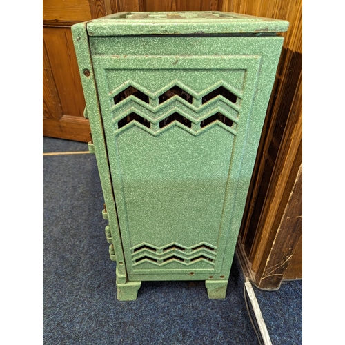 479 - Green finished cast metal stove 'Vesper?', 72cm tall.