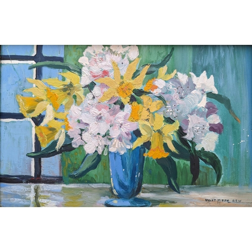 194 - VIOLET MCNEISH KAY RSW (Scottish 1914-1971) *ARR* Still life vase of flowers Oil on board, signed lo... 